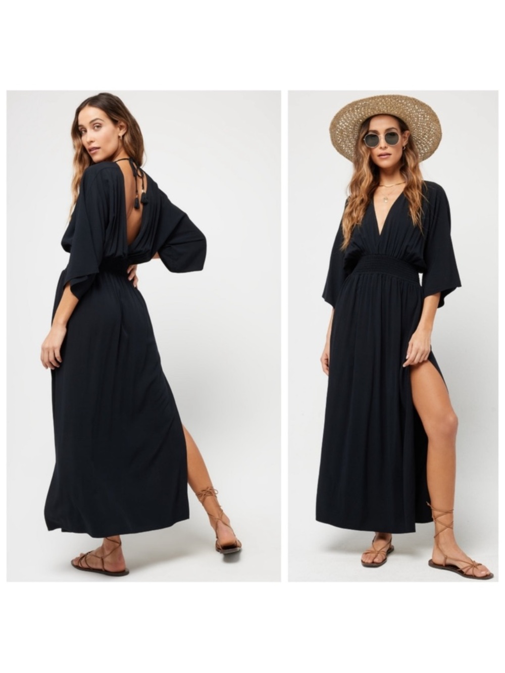 L*Space Sungazer Black Maxi Dress Coverup Dolman Sleeve V Neck Slit S Boho